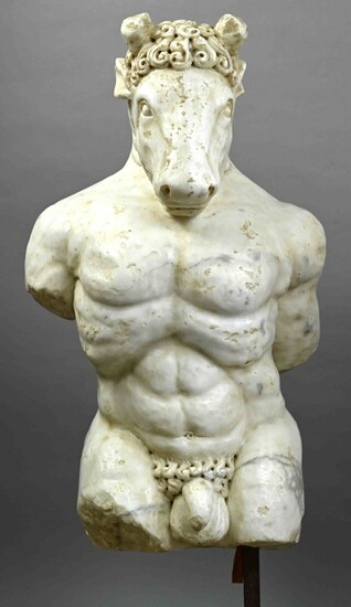 boisdulac_'s tweet photo. Minotaur, large marble figure, Italy, 18th /19th century, figure with  human body and the head of a bull, Baroque - style, white slightly  speckled marble, light brown rectangular base, total height 117 cm,  sculpture height 77 cm, weight about 300 kg, very decorative,  Provenance: from an Austrian collection, Zeller A113, European private  collection,