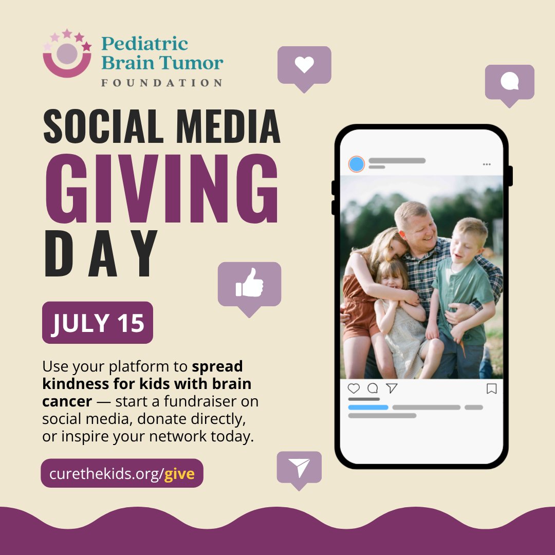 PBTF's tweet photo. Today is #SocialMediaGivingDay! 💛 Every share &amp; dollar brings us closer to a world where no child faces a brain tumor alone. Start a fundraiser on your social media platform or donate at https://t.co/wyX4zMKGx4. Together, we can change lives! https://t.co/hA7MjQq9ek