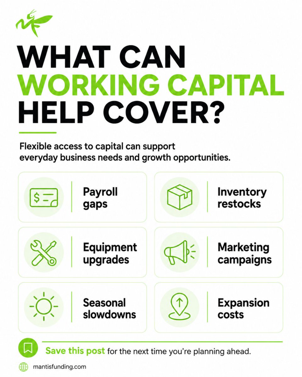 MantisFunding's tweet photo. Working capital can help cover more than one type of business need.

💸 Payroll gaps
📦 Inventory restocks
🛠️ Equipment upgrades
📣 Marketing campaigns
☀️ Seasonal slowdowns
📍 Expansion costs

Save this post for the next time you’re planning ahead. https://t.co/lIHMf60AZF