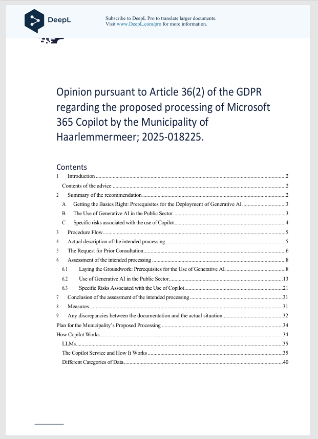 montezumachavez's tweet photo. In addition to the DPIA Microsoft 365 Copilot (see https://t.co/h0762Dj6r0, here's the Dutch DPA's Opinion pursuant to Article 36(2) of the GDPR regarding the proposed processing of Microsoft 365 Copilot by the Municipality of Haarlemmermeer https://t.co/x2CzeOXJQg https://t.co/E5TdVB34sT