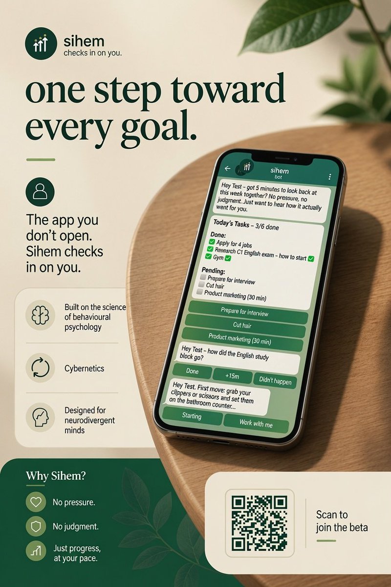 AhSi8493's tweet photo. Meet #Sihem the check-in that comes to you. 
No app to open. 
No pressure. 
No judgment.

Built for #neurodivergent minds with #behaviouralpsychology &amp; #cybernetics
Beta is exclusive on Telegram scan the QR.
One step toward every goal, at your pace 🌿 #Sihem #ADHD #Autism https://t.co/J7OtYiWefT