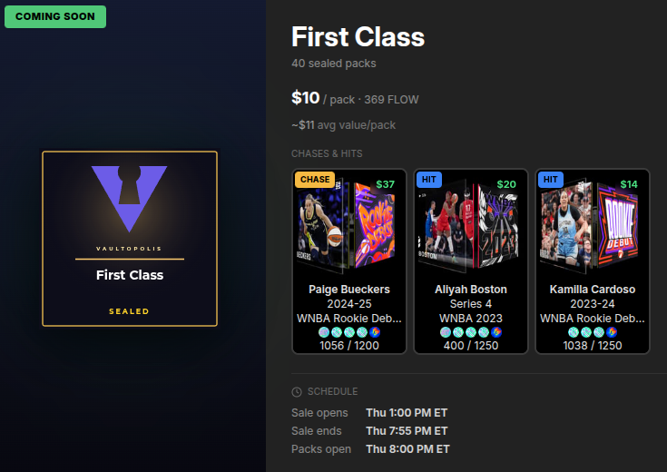 vaultopolis's tweet photo. First Class 🏀 our first WNBA pack drop

40 sealed packs · $10 each 3 officially licensed WNBA top shot moments per pack
🌟 chase: paige bueckers rookie

- aliyah boston, kamilla cardoso & more

⏰ sale opens - thu 1pm ET 
🛑 sale ends - thu 7:55pm ET 
📦 packs open - thu 8pm ET

https://t.co/U2yOMZbDXj (flow wallet needed)