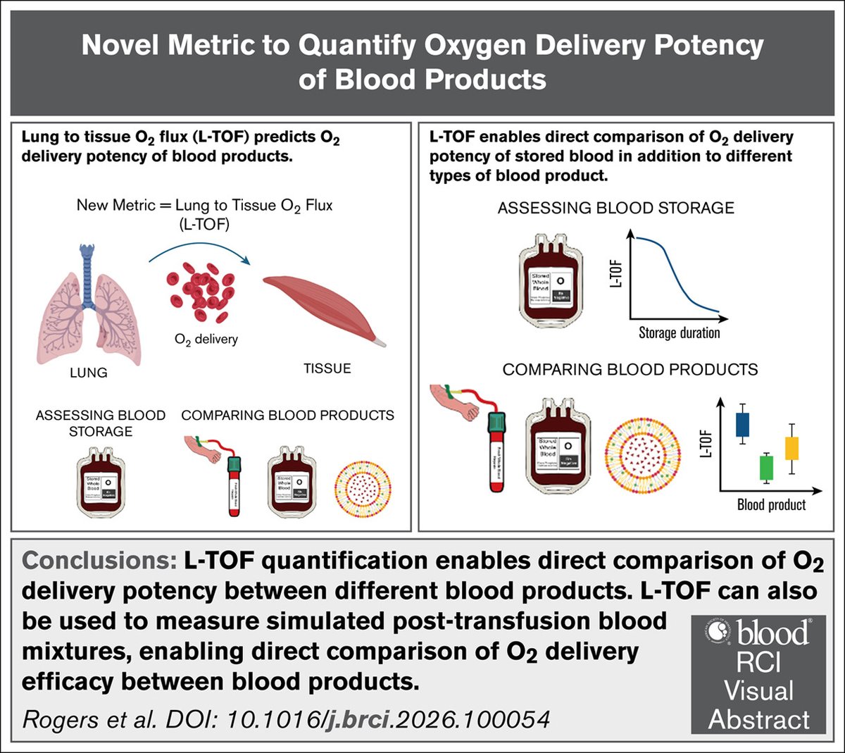 LondonMedComm's tweet photo. Rogers et al. introduce L-TOF, a new metric to quantify blood oxygen delivery.
Stored red blood cells may require higher doses than fresh blood for equivalent oxygen delivery, offering a new way to assess transfusion quality.
@BloodPortfolio
#LondonMedComm
https://t.co/7KGKjnWYPW https://t.co/BYuqaXF4Ii