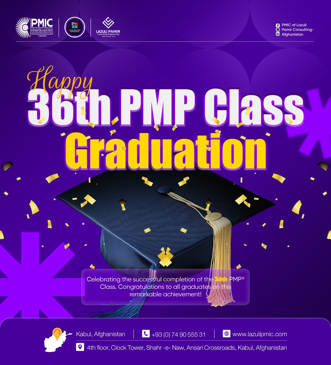 lazulipmic's tweet photo. 🎓 Congratulations to the Graduates of PMIC's 36th PMP® Class! 🎉

Today, we proudly celebrate another milestone as our 36th PMP® Class successfully completes its training journey.

Your dedication, discipline, and commitment to professional excellence have brought you one step closer to earning the globally recognized PMP® certification. The journey doesn't end here—now it's time to apply your knowledge, strengthen your PMI mindset, and confidently prepare for the exam.

We are proud of each one of you and look forward to celebrating your PMP® certification success in the near future.

Congratulations once again, and thank you for choosing PMIC, Afghanistan's only PMI Premier Authorized Training Partner (Premier ATP).

Knowledge through Training.
Mindset through Coaching.
Confidence through LMS & Mentoring.
#PMIC #PMP #PMPCertification #ProjectManagement #Graduation #PMI #PremierATP #Afghanistan #ProfessionalDevelopment #Leadership #CareerGrowth
