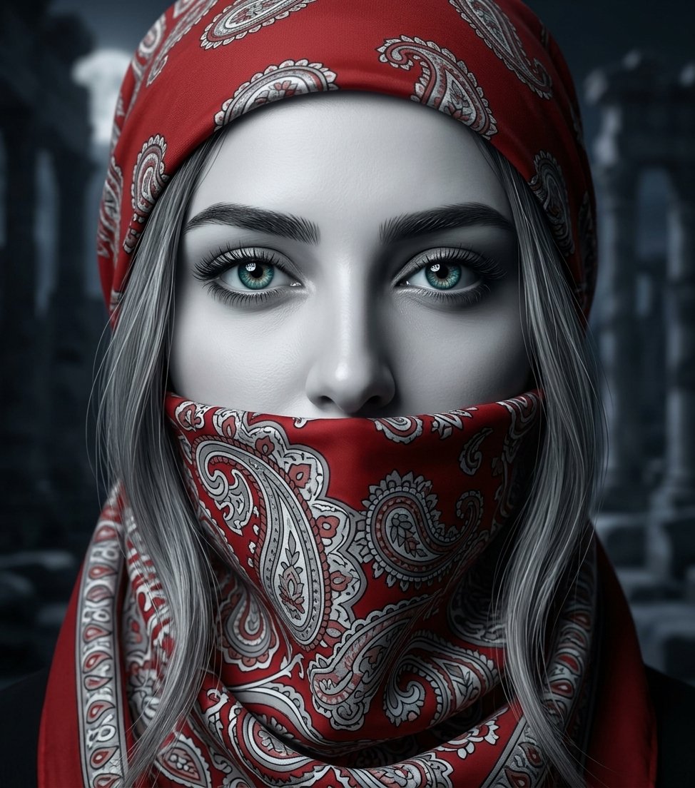 isl3li's tweet photo. Prompt 🖼⤵️

A wider cinematic digital painting of my exact face, medium close-up shot showing more of the face and upper shoulders: highly detailed face with strong dramatic lighting and high contrast, the skin is very pale cool desaturated grayscale tones like the reference image, light fair skin, very sharp and striking colored eyes with intricate iris details, thick detailed eyelashes and defined eyebrows, wearing a bold red bandana-style headscarf with intricate calm paisley patterns in soft shades of white, silver gray and muted red. Some ash gray hair is falling and hanging down from the sides outside the headscarf, elegant and mysterious atmosphere. The headscarf fully covers the mouth and lower face, only the eyes, nose (fully visible), and cheeks are showing, masterpiece, 8k, ultra realistic details, sharp focus --stylize 750