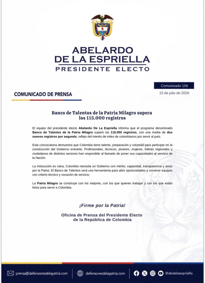 defensoresco's tweet photo. #ATENCIÓN | El Banco de Talentos de la Patria Milagro superó los 115.000 registros, reflejando el compromiso de miles de colombianos que han decidido poner su experiencia, capacidades y vocación de servicio al país.

Este resultado confirma que Colombia cree en un modelo donde el mérito abre las puertas. 

El Gobierno del presidente electo Abelardo De La Espriella (@ABDELAESPRIELLA) continúa consolidando un equipo basado en el talento, la preparación y el servicio a la Nación.