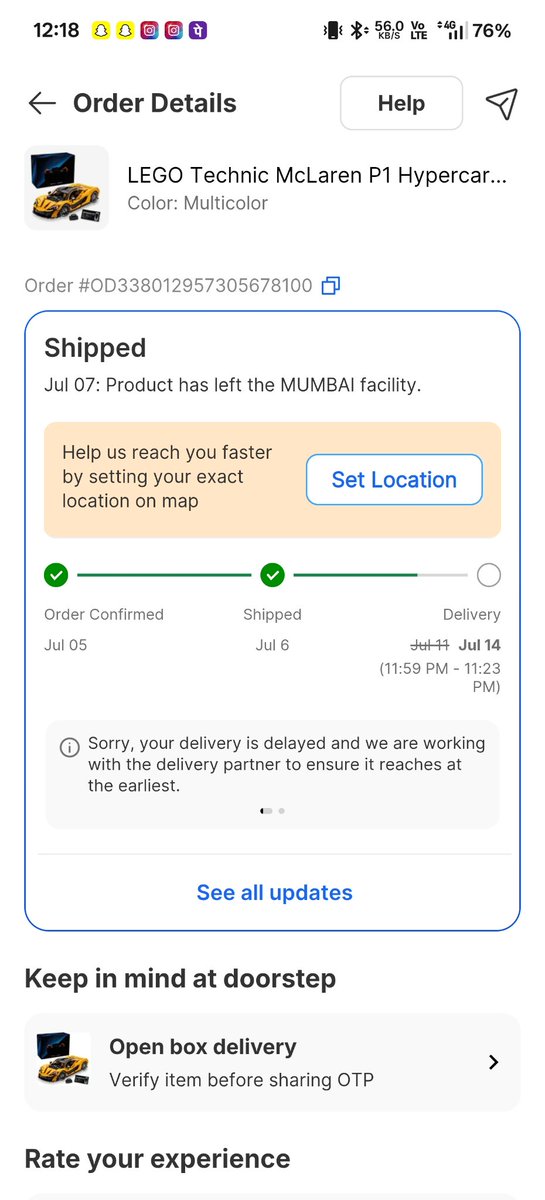 cleonrebello's tweet photo. Horrible experience! Order OD338012957305678100 (LEGO McLaren) placed July 5. Delivery delayed from July 11 to 14. App shows it left Mumbai hub on July 13, but customer care now claims it's "not traceable". What is going on? Resolve this ASAP! @Flipkart @flipkartsupport https://t.co/FU8yJs6qvC
