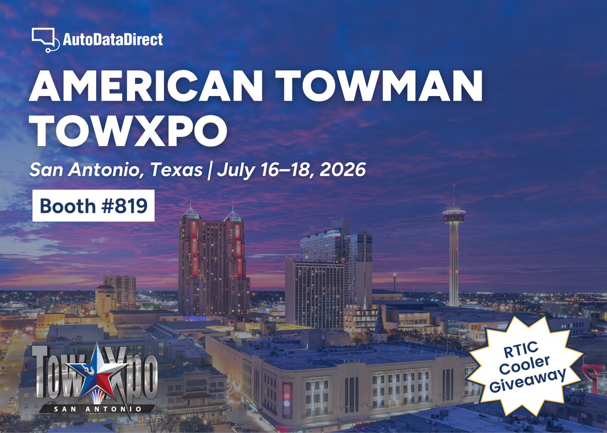 autodatadirect's tweet photo. We're headed to the American Towman TowXpo in San Antonio!

Stop by booth #819 to meet the team and learn how our vehicle record solutions help support the towing industry with timely, reliable information.

#AutoDataDirect #TowXpo #TowingIndustry #NMVTIS #AmericanTowman https://t.co/mzlgxpgk4W