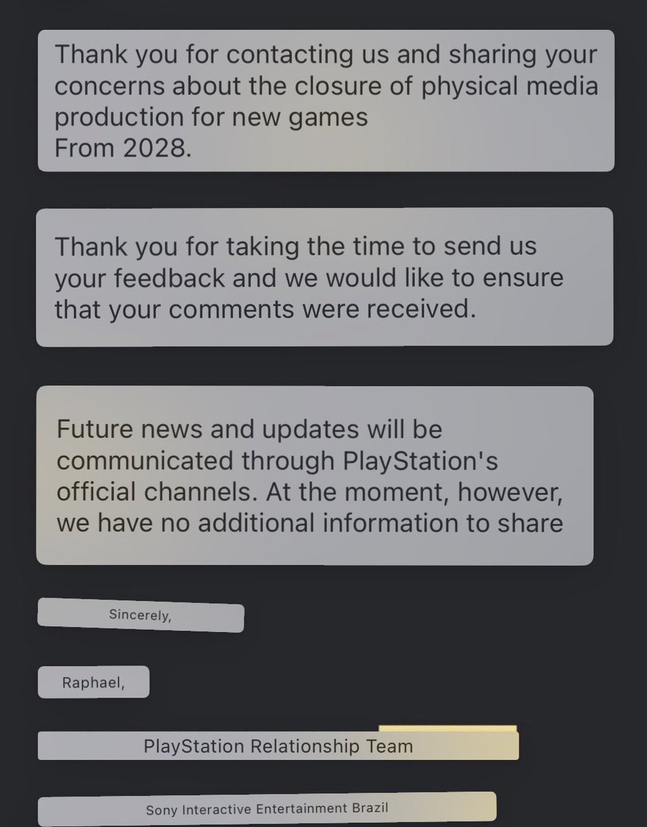 RinoTheBouncer's tweet photo. Sony Interactive Entertainment Brasil has responded to @Lord_PSMG’s inquiry about physical game discs ending in January 2028🚀

Keep up the pressure!
NO DISC 💿 NO BUY https://t.co/Ii2hWnnRph