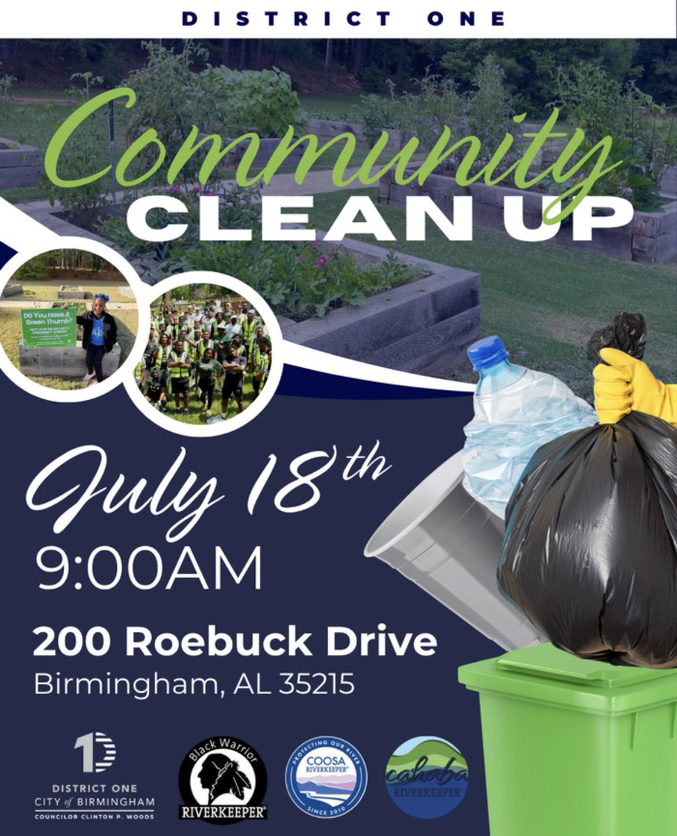 WaterkeepersA's tweet photo. Join @citycouncilbham District 1 @ClintonWoodsD1, Black Warrior Riverkeeper, Cahaba River Coalition and Coosa Riverkeeper for a collaborative #Waterkeeper Cleanup!
π 200 Roebuck Drive, Birmingham, AL 35215
π Saturday, July 18th at 9:00AM
Registration: https://t.co/WPuzWWFlT3 https://t.co/3PrxV6BXn9