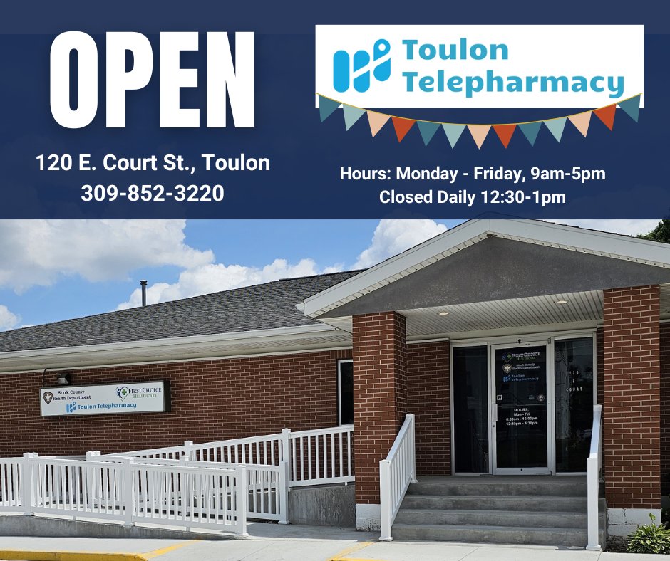 HenryStarkHD's tweet photo. @HenryStarkHD @FCH_Clinics The Toulon Telepharmacy IS OPEN FOR BUSINESS. The First Choice Health Clinic &amp; Telepharmacy are located at 120 E. Court St., Toulon. The Telepharmacy hours are Mon- Fri 9am to 5pm. The pharmacy will close daily from 12:30-1:00pm https://t.co/wnnfnauPwe