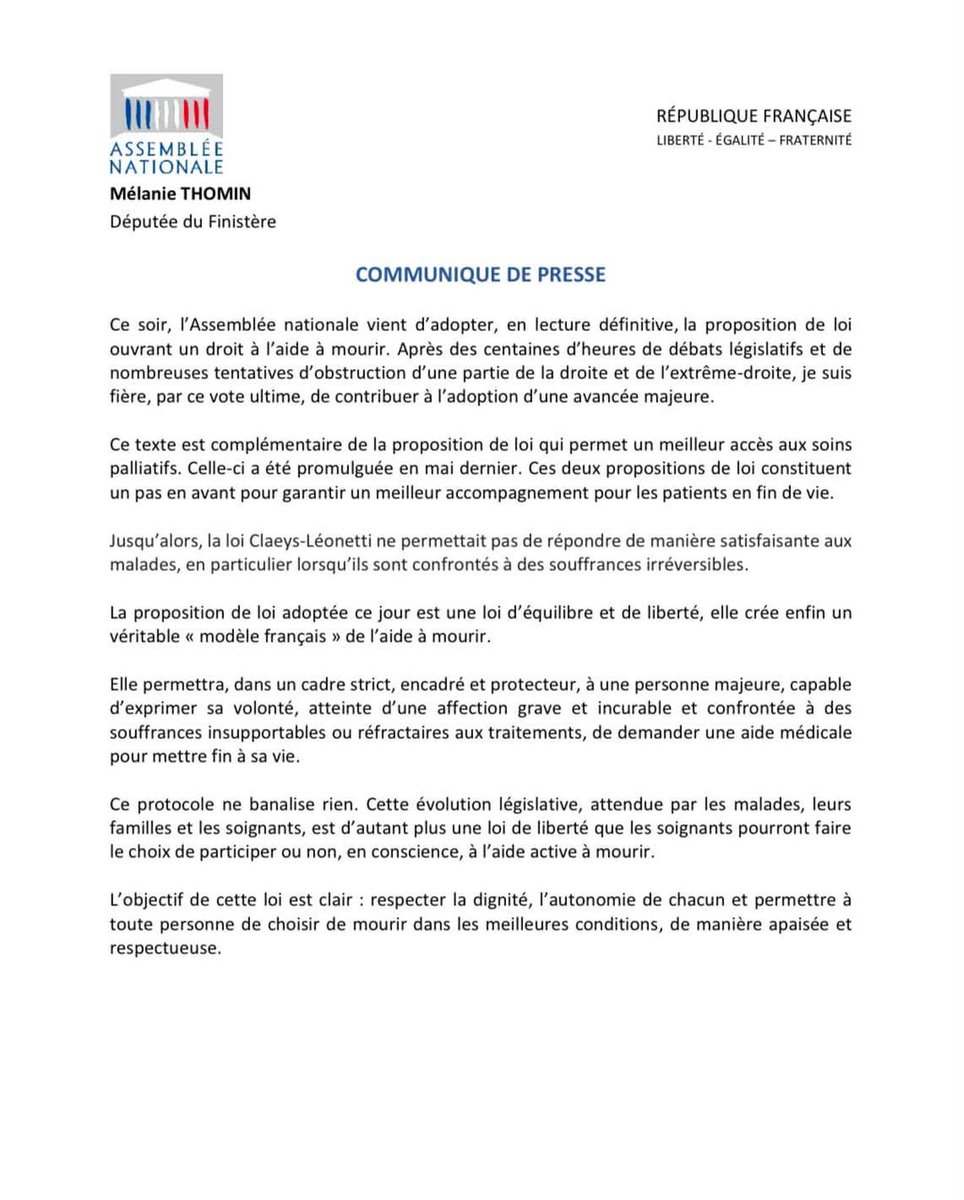Mel_Thomin's tweet photo. ✅L’Assemblée nationale a adopté ce soir, en lecture définitive, la proposition de loi ouvrant un droit à l’aide à mourir.

Cette loi d’équilibre et de liberté est incontestablement une grande loi pour la dignité et l'accompagnement des patients en fin de vie. https://t.co/eP8XTZbVfD