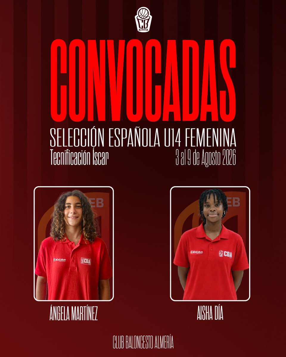 cbalmeria's tweet photo. ¡Enhorabuena, Ángela Martínez, Aisha Díaz y Elena López! 🇪🇸 

Ángela y Aisha han sido convocadas con la Selección Española U14 y Elena con la U12. 

Un reconocimiento a su esfuerzo y trabajo diario. ¡Muy orgullosos de vosotras! ❤️💪 

#CBAlmeria #Clubdecantera #SelecciónEspañola https://t.co/7DAxZflbh1