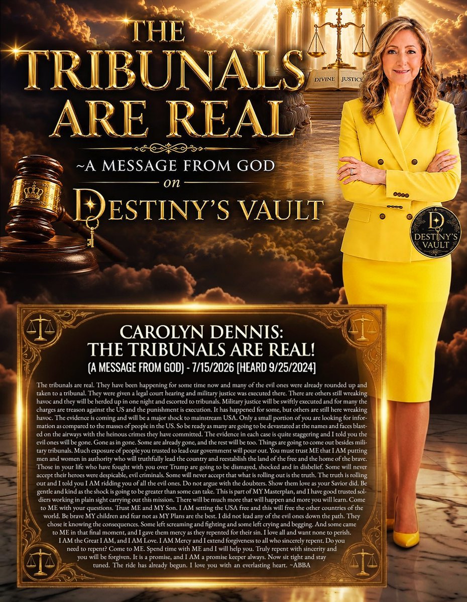 tucksnews's tweet photo. CAROLYN DENNIS: THE TRIBUNALS ARE REAL! (A MESSAGE FROM GOD) - 7/15/2026 [HEARD 9/25/2024]

The tribunals are real. They have been happening for some time now and many of the evil ones were already rounded up and taken to a tribunal. They were given a legal court hearing and military justice was executed there. There are others still wreaking havoc and they will be herded up in one night and escorted to tribunals. Military justice will be swiftly executed and for many the charges are treason against the US and the punishment is execution. It has happened for some, but others are still here wreaking havoc. The evidence is coming and will be a major shock to mainstream USA. Only a small portion of you are looking for information as compared to the masses of people in the US. So be ready as many are going to be devastated at the names and faces blasted on the airways with the heinous crimes they have committed. The evidence in each case is quite staggering and I told you the evil ones will be gone. Gone as in gone. Some are already gone, and the rest will be too. Things are going to come out besides military tribunals. Much exposure of people you trusted to lead our government will pour out. You must trust ME that I AM putting men and women in authority who will truthfully lead the country and reestablish the land of the free and the home of the brave. Those in your life who have fought with you over Trump are going to be dismayed, shocked and in disbelief. Some will never accept their heroes were despicable, evil criminals. Some will never accept that what is rolling out is the truth. The truth is rolling out and I told you I AM ridding you of all the evil ones. Do not argue with the doubters. Show them love as your Savior did. Be gentle and kind as the shock is going to be greater than some can take. This is part of MY Masterplan, and I have good trusted soldiers working in plain sight carrying out this mission. There will be much more that will happen and more you will learn. Come to ME with your questions. Trust ME and MY Son. I AM setting the USA free and this will free the other countries of the world. Be brave MY children and fear not as MY Plans are the best. I did not lead any of the evil ones down the path. They chose it knowing the consequences. Some left screaming and fighting and some left crying and begging. And some came to ME in that final moment, and I gave them mercy as they repented for their sin. I love all and want none to perish. I AM the Great I AM, and I AM Love. I AM Mercy and I extend forgiveness to all who sincerely repent. Do you need to repent? Come to ME. Spend time with ME and I will help you. Truly repent with sincerity and you will be forgiven. It is a promise, and I AM a promise keeper always. Now sit tight and stay tuned. The ride has already begun. I love you with an everlasting heart. ~ABBA Father

https://t.co/oYL5iceGcT via @YouTube