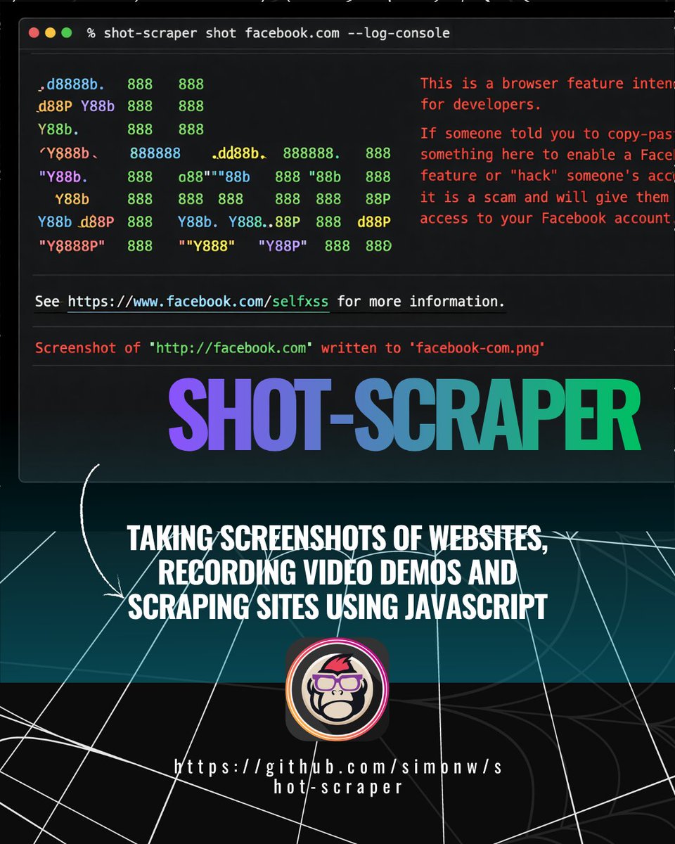 EsGeeks's tweet photo. 📸🎥🛠️ shot-scraper | CLI para capturas, vídeo y scraping JS con Playwright
Un comando y obtienes capturas de pantalla, grabaciones de demo en vídeo o datos scrappeados con JavaScript.
#playwright #webautomation #screenshots #scraping #cli https://t.co/LCyej3qfME