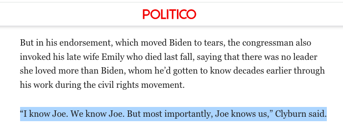 magi_jay's tweet photo. Black voters and Black leaders have spent the last decade explaining why they do/do not support specific candidates. I don't know that you can get any clearer than “I know Joe. We know Joe. But most importantly, Joe knows us." The case is closed. People just aren't listening. https://t.co/h6Mhjjwita