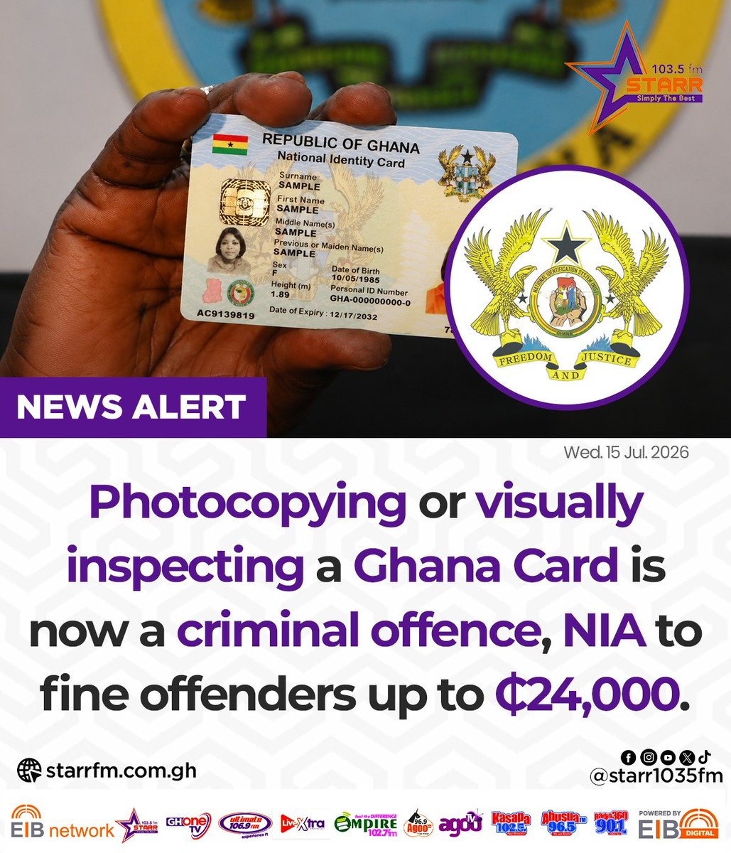 starr1035fm's tweet photo. Biometric verification is now the only lawful means of verifying a Ghana Card holder's identity for any transaction... - National Identification Authority
#StarrNews #EIBNetwork
#StarFM #NewsAlert https://t.co/tKFpwvORWh