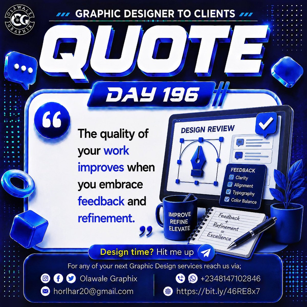 Olawalegraphix's tweet photo. DAY 196/365 โ
๐จ๐ฅ
Day 196 and the journey continues! Good design attracts attention, but great design creates lasting connections and memorable experiences.
Design. Learn. Improve. Repeat. ๐กโจ๐
#Day196 #365DayDesignChallenge #GraphicDesignJourney #CreativeGrowth https://t.co/dxy34iBXiH