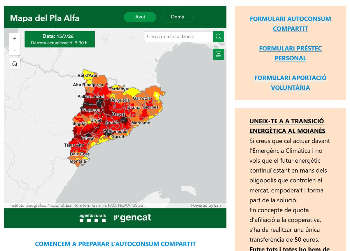 SomMoianes's tweet photo. 🔥 Nou a https://t.co/vdn0TYKPRt

Consulta el Mapa Alfa d'incendis i apunta't, sense compromís, a consumir energia renovable de proximitat al Moianès.  📷 Cada teulada que aprofitem és un pas endavant. https://t.co/TOzpPs5P1K
