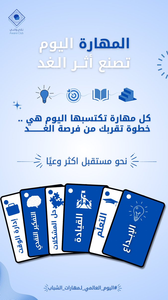 Aware_club's tweet photo. ⏳ الوقت مو مجرد أرقام على ساعة.. الوقت هو "فرصة" قاعد تشكل فيها ملامح مستقبلك.
في #اليوم_العالمي_لمهارات_الشباب، نتذكر إن الشهادة الجامعية هي الأساس، لكن "المهارة" هي اللي تخليك تتميز وتبني أثر حقيقي.
كل وحدة من هذه المهارات هي "مفتاح" لباب جديد. 
الإبداع يفتح لك أبواب الابتكار. 💡 
التعلم المستمر هو ضمان بقائك في المقدمة.🎓 القيادة هي اللي تخليك مؤثر وتصنع الفرق.🤝
حل المشكلات هو اللي يخليك "المنقذ" في فريقك.🧩
التفكير النقدي يحميك من التبعية ويوسع مداركك.🧠
وإدارة الوقت هي اللي تخليك تنجز أكثر بأقل جهد.⏱️
أي مفتاح منهم تحس إنك تحتاج تركز عليه هالفترة؟ 
شاركنا في التعليقات 👇، 
وخلينا نبدأ نطور نفسنا سوا في #نادي_واعي.