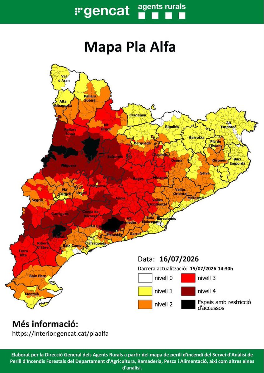 PNMontserrat's tweet photo. ⚠️ATENCIÓ!🚨S’obra el Parc Natural
‼Seguim amb risc elevat #incendi forestal 🔥 #Montserrat
🔴 16/7 activat #PlaAlfa 3 a tots els municipis.
⚠️ Extrema precaució en activitats al #medi #natural
❌ No encenguis foc, llencis burilles ni deixalles
📞 Davant indici de foc 📞 @112 https://t.co/itLSsifYv5