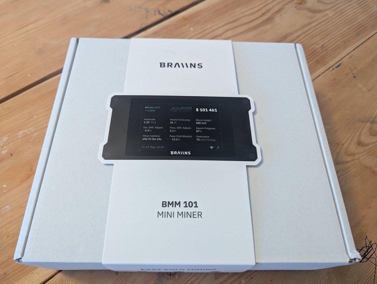 Braiinsforge's tweet photo. Thinking about your first miner and not sure where to start?

Start small.

A little machine that sips power like a light bulb, points itself at a pool, and lets you learn the whole thing without betting the house on it.

You will figure out the odds, the heat, the settings, all of it, one evening at a time.

Everyone running a fleet today started with one machine they were a little unsure about.

The BMM 101 is a great and fancy first step 👀