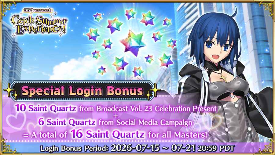 FateGO_USA's tweet photo. We've achieved the BB Presents☆Celeb Summer Experience! Social Media Campaign goal! In conjunction with the release of CBS Vol. 23, Masters will receive 16 Saint Quartz! Claim them from your Present Box upon login by 7/21 20:59 PDT!

More info➡️https://t.co/xHcKpqEy2C
#FateGOUSA https://t.co/ce3X7SbuAY