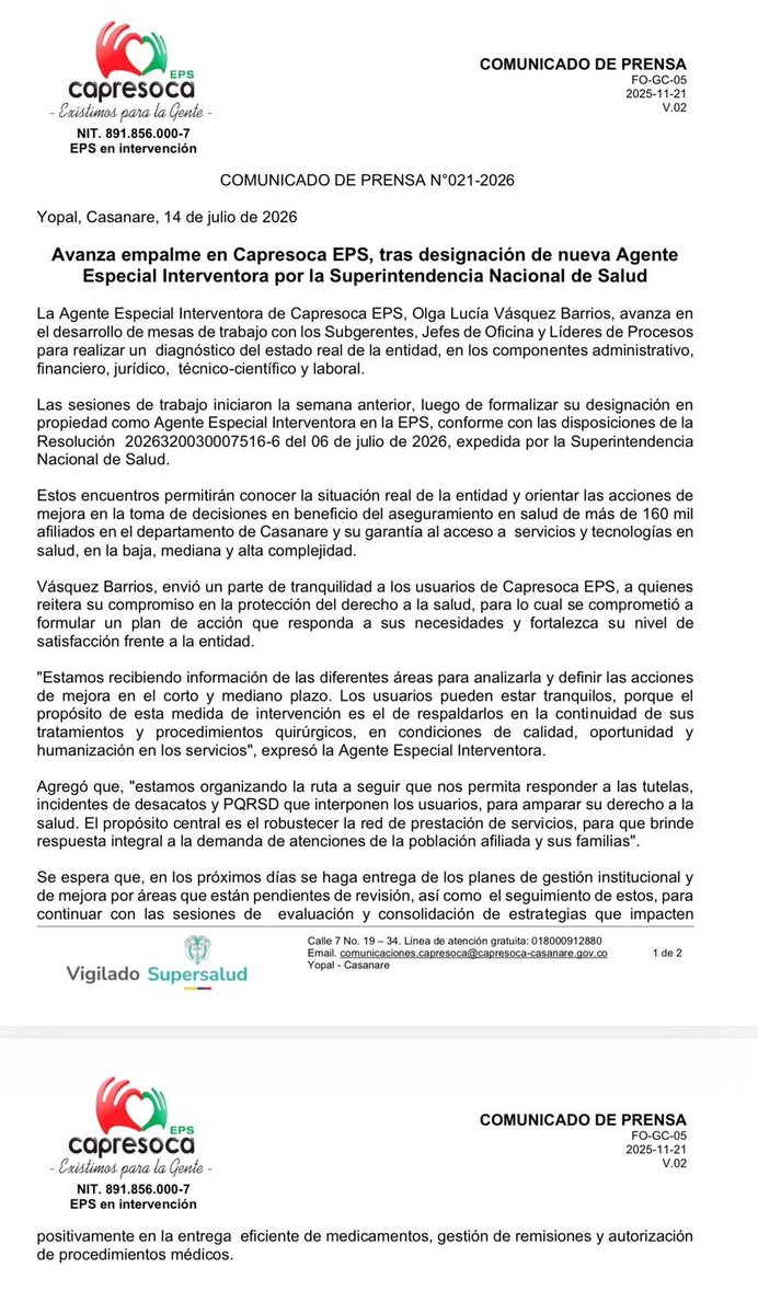 Capresoca2025's tweet photo. Avanza empalme en Capresoca EPS, tras designación de nueva Agente Especial Interventora por la Superintendencia Nacional de Salud

https://t.co/wqjG9ClyIR https://t.co/iaq69bcxlW
