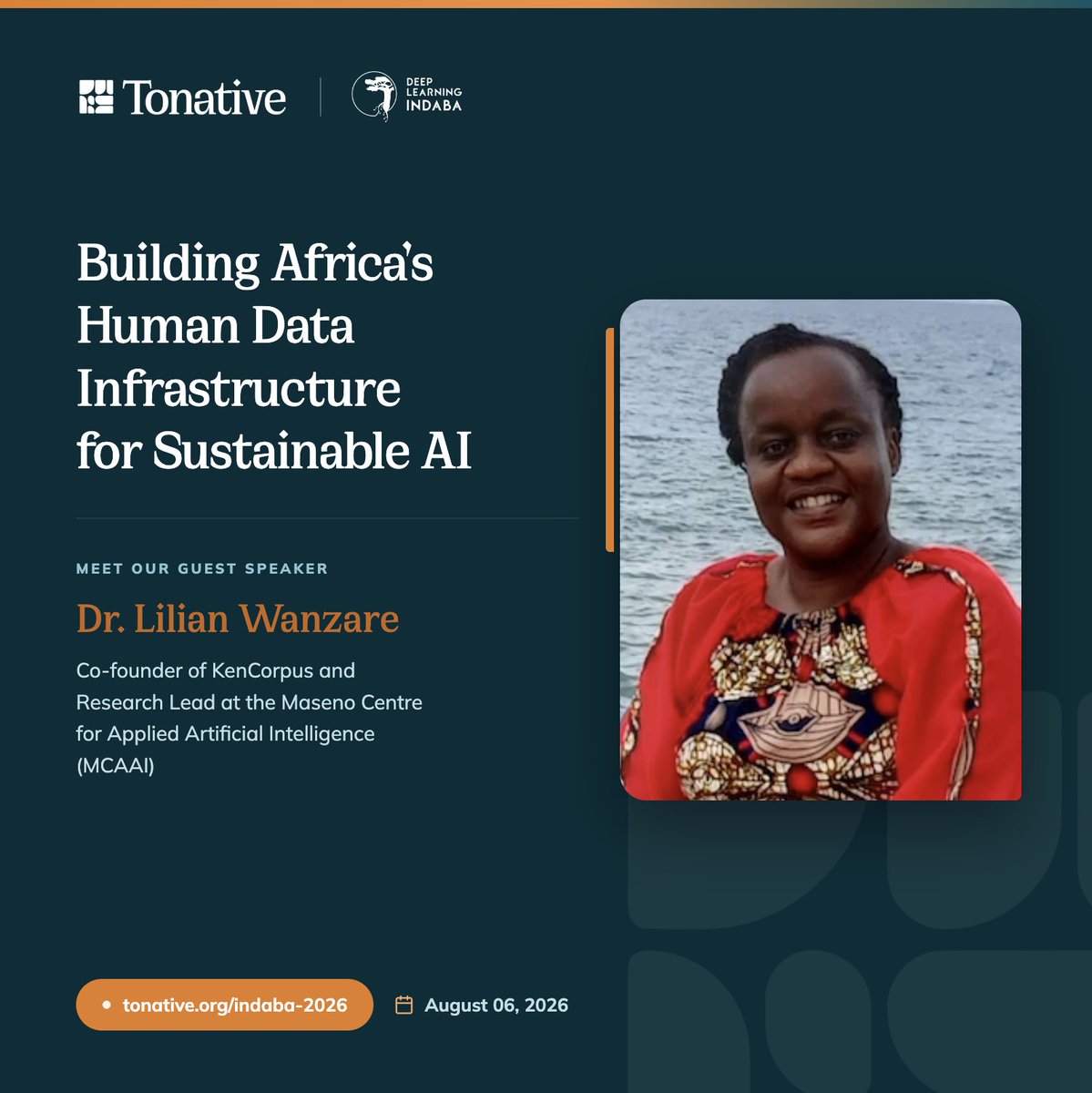 tonative_org's tweet photo. We're excited to announce our Guest speaker for the Tonative × Deep Learning Indaba @DeepIndaba  2026 Workshop.

Please join us in welcoming:
Dr. Lilian Wanzare -  Co-founder of KenCorpus and Research Lead at the Maseno Centre for Applied Artificial Intelligence (MCAAI), with a decade of experience curating datasets across Kenyan languages including Dholuo, Kikuyu, Kalenjin, Maasai, Somali and Kenyan Sign Language (KSL). As the Principal Investigator for KenCorpus, African Next Voices - Kenya and AI4KSL, she led the collection of some of the largest speech, text and sign language datasets for Kenyan languages, working directly with language communities throughout. Her research centres the empowerment of human data infrastructure as foundational to the AI development pipeline.

In this session, Dr. Wanzare will share insights on the capacity building for African language data curators, the infrastructure needed for a scalable curation pipeline and how to govern these datasets.

Our workshop is open to anyone attending the Deep Learning Inbada Conference this year, and is interested in the data layer of language technologies.

Kindly signify interest via the DLI registration portal:
https://t.co/6ADpdI3ys9

📅 Date: August 6, 2026

#Tonative #DeepLearningIndaba #DataAnnotation