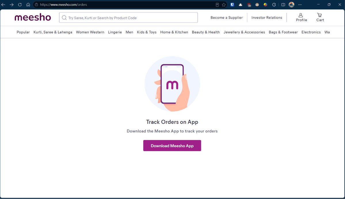 txnish's tweet photo. can browse, filter and buy but cant access orders list. $8 billion valuation company btw @Meesho_Official aapke SDE kya kar rahe hain https://t.co/gmENJWxmRQ