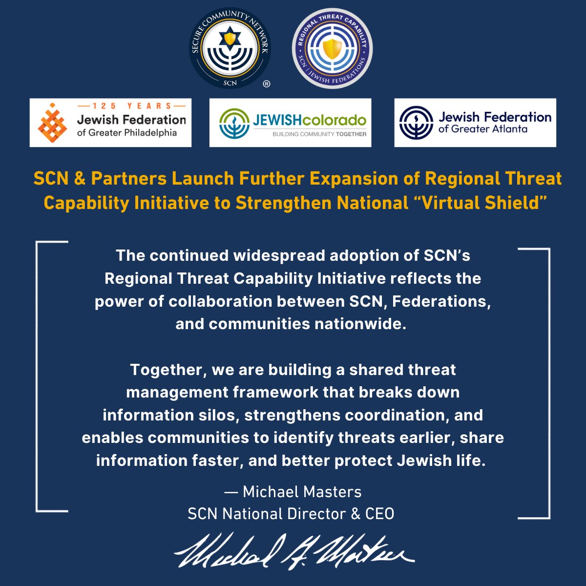 Official_SCN's tweet photo. SCN is proud to partner with @JFedinPhilly, @JEWISHco, and @Jewish_Atlanta to expand our Regional Threat Capability Initiative. This milestone now brings SCN's "Virtual Shield" technologies to more than 45 Jewish Federations and other partner communities across North America.

Learn More: https://t.co/Rj5JJNSVaT