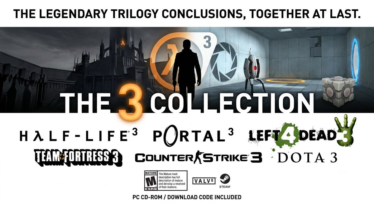 PrettyNerdee's tweet photo. @OfficialNewell @Steam @Steam_Support This. Once the ram crisis is over, this is what we want. I'll buy two gabecubes if it happens! Just sayin' #halflife3 #l4d3 #portal3 #teamfortress3 #cs3 #dota3 #3box https://t.co/byCVT0y6cz