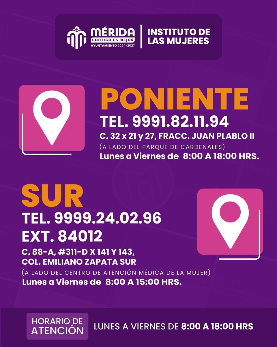 IMujerMerida's tweet photo. ¡En el Instituto de las Mujeres estamos siempre contigo!

Con nuevos horarios de atención para Mérida y sus comisarías para brindarte servicios de atención gratuitos. 🙋🏻‍♀️✨🟣 https://t.co/8WaVifh0DG