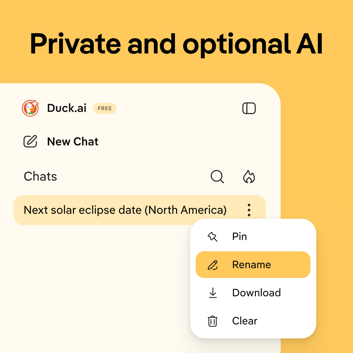 DuckDuckGo's tweet photo. https://t.co/gZKADER7S8, our private and optional AI chat, will automatically name your chats for easy reference. You can rename them as you prefer; find the option in the accompanying three dot menu.

Free, anonymized, no account required. 🎯 https://t.co/J4ilOV7ohr