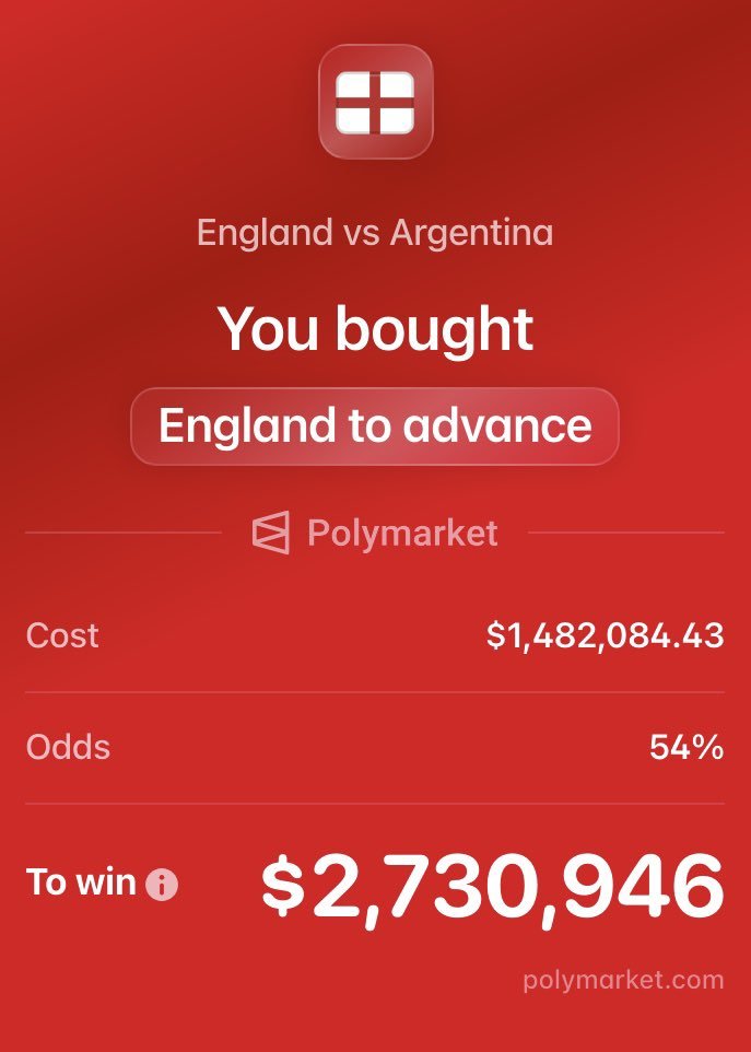 Libro_negro_'s tweet photo. Alguien apostó 1.5 millones de pesos en @Polymarket a que Inglaterra avanza a la final.

Yo creo se le olvidó que Infantino le va a Argentina 😵😵

¡Qué manera de perder su dinero! https://t.co/tH5wS7qmTI