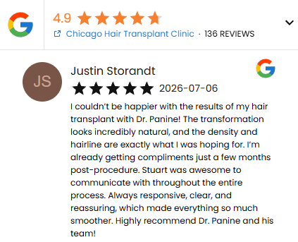 DrPanine's tweet photo. A Five Star Google Review of CHICAGO HAIR TRANSPLANT CLINIC and Dr. Panine by Justin Storandt on 07/06/2026:
"I couldn’t be happier with the results of my hair transplant with Dr. Panine! The transformation looks incredibly natural, and the density and hairline are exactly what I was hoping for. I’m already getting compliments just a few months post-procedure. Stuart was awesome to communicate with throughout the entire process. Always responsive, clear, and reassuring, which made everything so much smoother. Highly recommend Dr. Panine and his team!"
Chicago Hair Transplant Clinic
https://t.co/5q8K5aptjW
(312) 888-2385