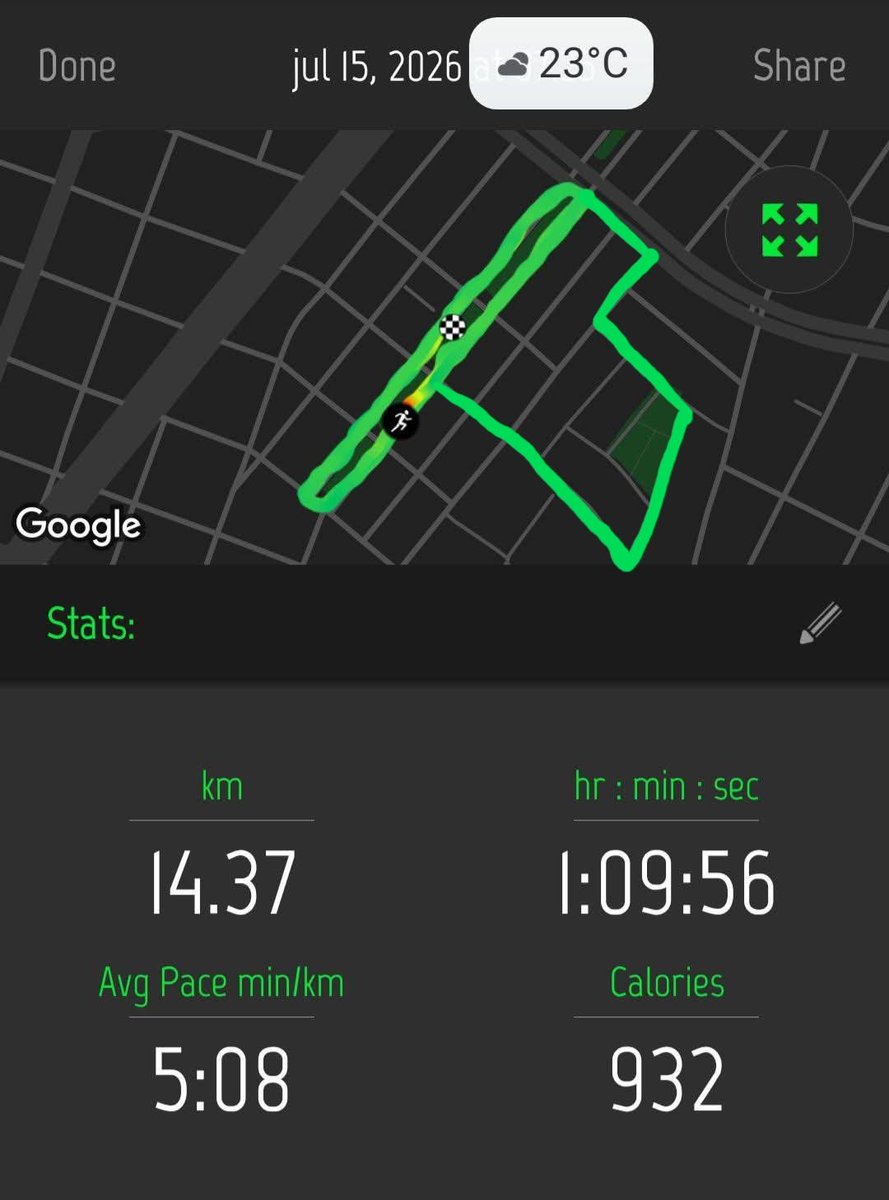 ChanduviKlaudia's tweet photo. Miercoles 15.07.2026_Solo 14km🫡 #NoFrills #NoHype #JustRun 👟🎼🎧 https://t.co/j5sxCGDhe2