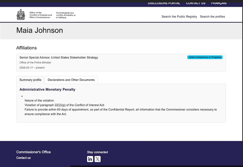 gmforbes35's tweet photo. @AndrewScheidl She's already received a fine for not filing the legally required disclosures a couple months ago while she was acting as a special advisor to Carney.

She still hasn't filed them. https://t.co/fngbnbUiRM