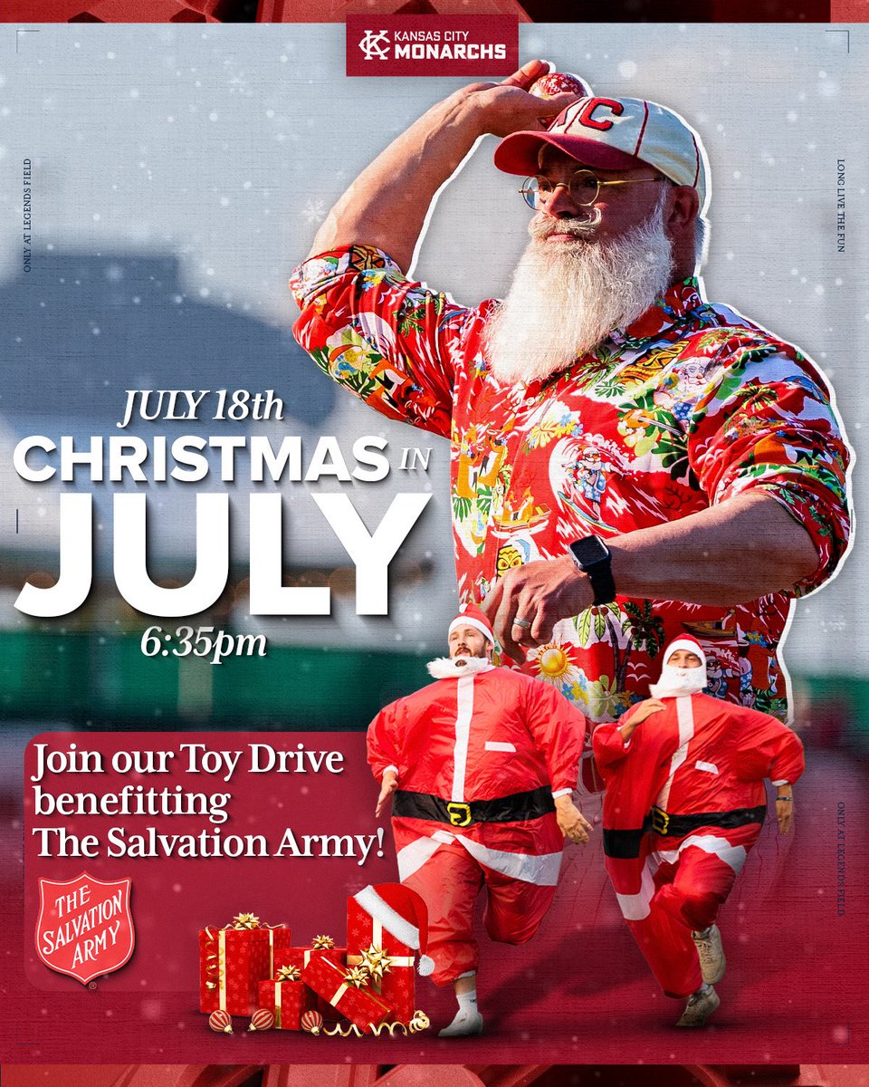 kscitymonarchs's tweet photo. It’s the most wonderful time of the year! 

Get your tickets to this Saturday’s game and get in the holiday spirit a few months early. 

🧸 Bring a toy for our toy drive (drop off at Gate A) 
🎅🏼 Visit with Summer Santa 
🎶 Hear your favorite Christmas songs 
🎯 Fun reindeer games between innings 
🎆 Post-game fireworks 
✍🏽 Post-game player autographs 

Jingle all the way to the link to snag your seats today! 
https://t.co/g899P4MpCt

#LongLiveTheFun | #LetsGoMonarchs