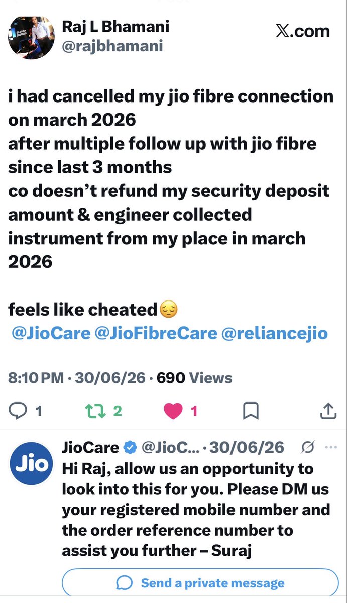 rajbhamani's tweet photo. hello sir 
mr suraj,sharath

we have started conversation 15 days ahead and till today you are not giving me proper feedback about my issue 
i want to know exactly when you resolve my complaint @JioCare @reliancejio https://t.co/aClgTQEDVG