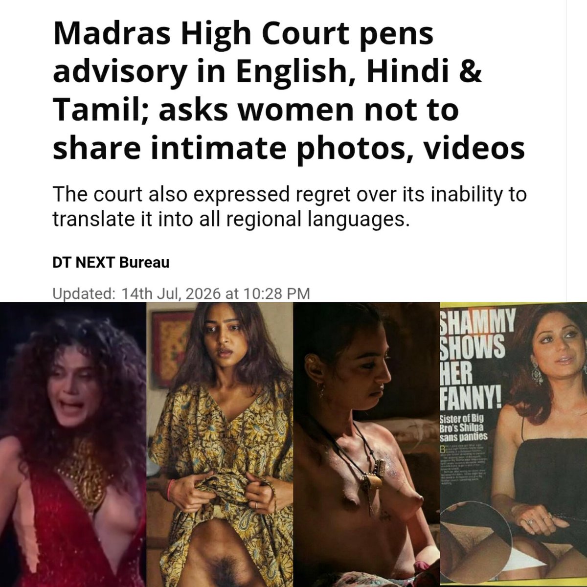 VasuEricsson's tweet photo. Madras High Court speaking English, Hindi & Tamil:
"Women, please don't share intimate photos & videos"
Indian Women to Courts in Womanese:
<Hold my underwear 👙>
#RadhikaApte #Taapsee #ShamitaShetty https://t.co/NRzUklEfQZ