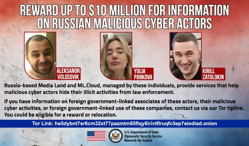 vxdb's tweet photo. The US is offering up to $10M for information on individuals involved with MLCloud and MediaLand

MLCloud and MediaLand are known bulletproof hosting providers who helped facilitate DDoS attacks, hosted ransomware and cybercrime forums, etc

In 2025, sanctions were placed on both companies for their cybercrime activities