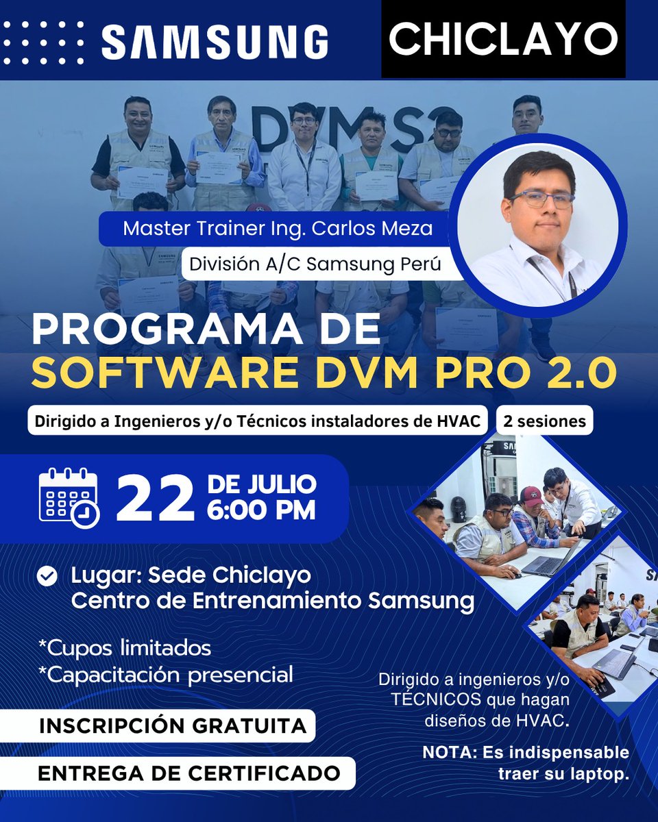 CorporacionUezu's tweet photo. 🚨📍 ¡ATENCIÓN #CHICLAYO! ❄️🔧
#Samsung te invita al Programa de Software DVM PRO 2.0
📲 Para inscribirte, contáctate con tu asesor comercial o escríbenos por WhatsApp: https://t.co/WLmHpHHyce
#aireacondicionadosamsung #CorporacionUezu https://t.co/P8mIzSKKfV