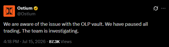 Capital_WOO's tweet photo. Ostium just paused trading after security firms reported a multimillion-dollar oracle exploit!
Blockaid and CertiK estimate $18M-$22M losses from OLP vault compromise. Users advised to revoke contract approvals immediately
#Ostium #DeFi #Exploit #Oracle #Crypto https://t.co/RYPCBgCQvm