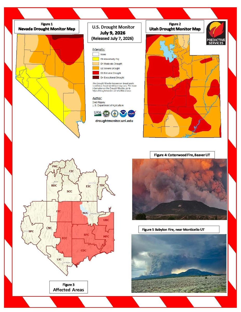 UtahWildfire's tweet photo. ๐จ Fuels & Fire Behavior Advisory | July 11โ25 ๐จ
Persistent drought, critically dry fuels, & hot, dry weather have created dangerous wildfire conditions across much of Utah. Any new fire could spread rapidly.
โ
Avoid sparks
โ
Follow fire restrictions
โ
Stay alert
#FireSense https://t.co/B8GYMWWM6p