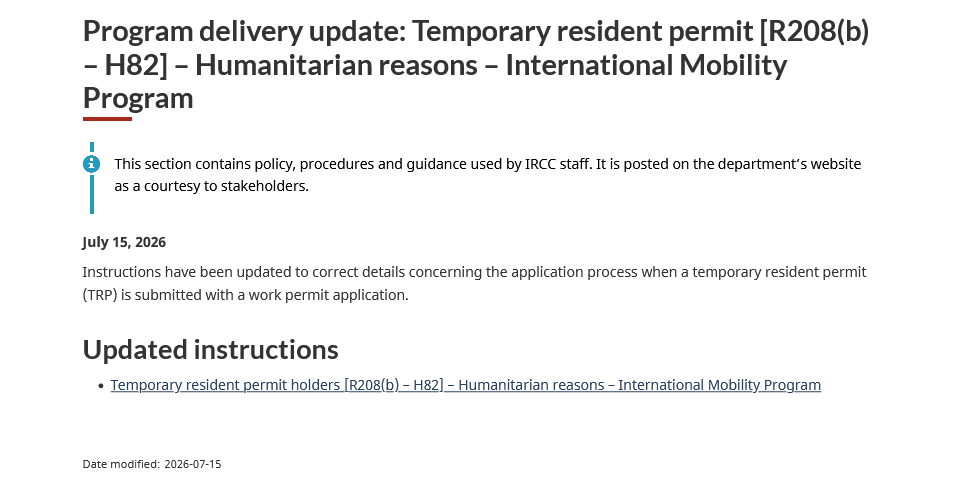 TTRRMK's tweet photo. Program delivery update: Temporary resident permit [R208(b) – H82] – Humanitarian reasons – International Mobility Program https://t.co/kEHLb8Zezs https://t.co/Muh2Eeluz4