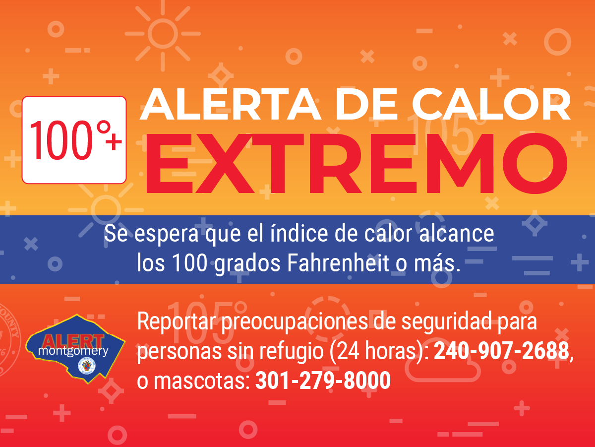 ReadyMontgomery's tweet photo. Montgomery County has activated an Extreme Heat Alert on Thurs., 7/16 from 1 pm to 7 pm.  Expect the heat index to be above 100 degrees Fahrenheit.  Stay hydrated &amp; take precautions to protect yourself and pets from heat-related illness.  More details: https://t.co/hKa4uvWWVZ https://t.co/HpKggQ6f52