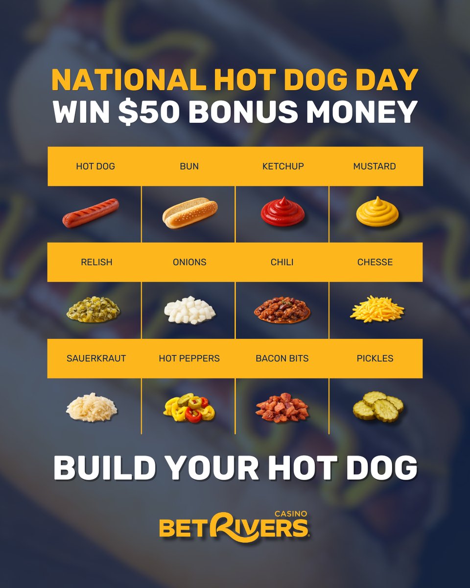 BetRiversCasino's tweet photo. 🌭 24-HOUR BONUS MONEY GIVEAWAY 🌭

To celebrate National Hot Dog Day, we're giving away $50 in 1X Bonus Money to THREE lucky winners!

1️⃣ Follow @BetRiversCasino 
2️⃣ Like three of our recent posts ❤️
3️⃣ Build your hot dog in the comments

⏰ Ends July 16, 2026 at 3 PM ET (24 hours only)

🏆 3 winners will be randomly selected across X, Instagram, & Facebook (one winner from each platform).

VALID IN: DE, MI, NJ, PABR, WV

T&Cs ➡️ https://t.co/jSCYXL01Qf

This giveaway is not sponsored, endorsed, or associated with X.

Gambling Problem? Call 1-800-GAMBLER