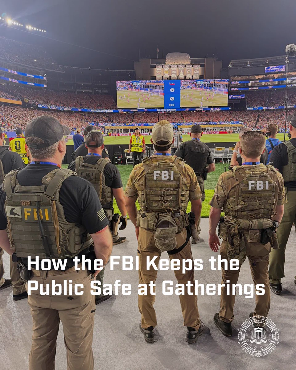 Special agent bomb technicians and members of FBI Boston’s SWAT team watch with law enforcement partners as Haiti and Scotland square off in the FIFA World Cup 2026TM at a June game in Boston. The FBI often has specialized personnel at special events just in case they are needed.