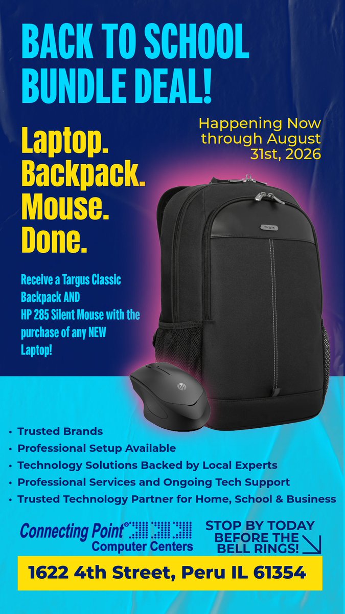 cpointccivnet's tweet photo. ππ»NEW Laptop. FREE Essentials.
Purchase any NEW Laptop and receive a FREE Targus Backpack + FREE HP Silent Mouse.
β School Ready
β Work Ready
β Local Support
β³ Ends 8/31/26. While supplies last.
#BackToSchool #ComputerSale #StudentTech #TechDeals #ShopLocal #ConnectingPoint https://t.co/53DolbDR07